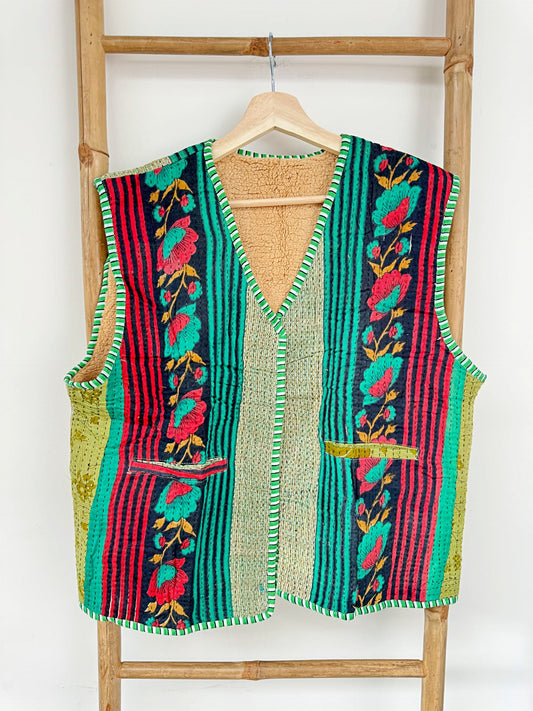 Vintage Inspired Short Jacket- Timeless Elegance with Modern Edge Green with black red stripe and floral