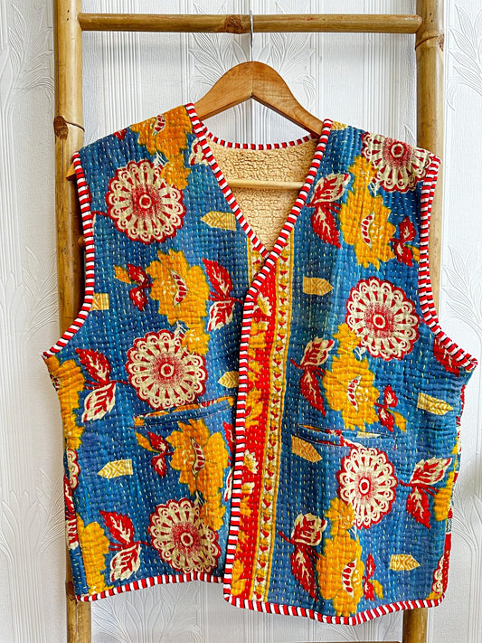 Vintage Inspired Short Jacket- Timeless Elegance with Modern Edge Dark Blue with cream red yellow