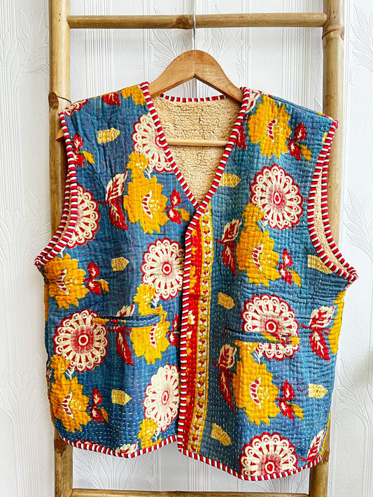 Vintage Inspired Short Jacket- Timeless Elegance with Modern Edge Blue with cream red yellow