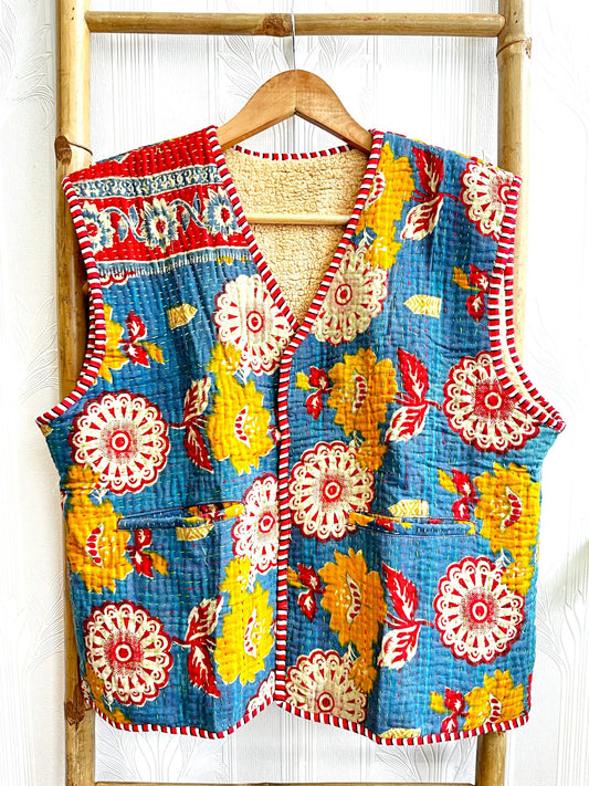 Vintage Inspired Short Jacket- Timeless Elegance with Modern Edge Red with cream and yellow print