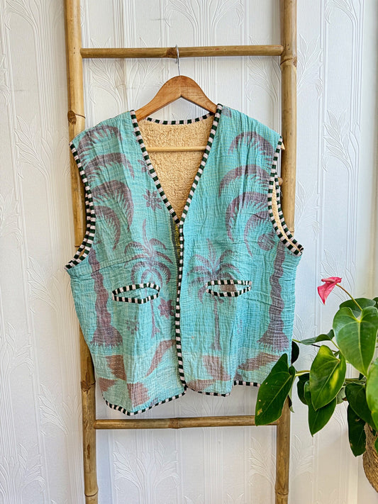 Vintage Inspired Short Jacket- Timeless Elegance with Modern Edge Blue with beach tree