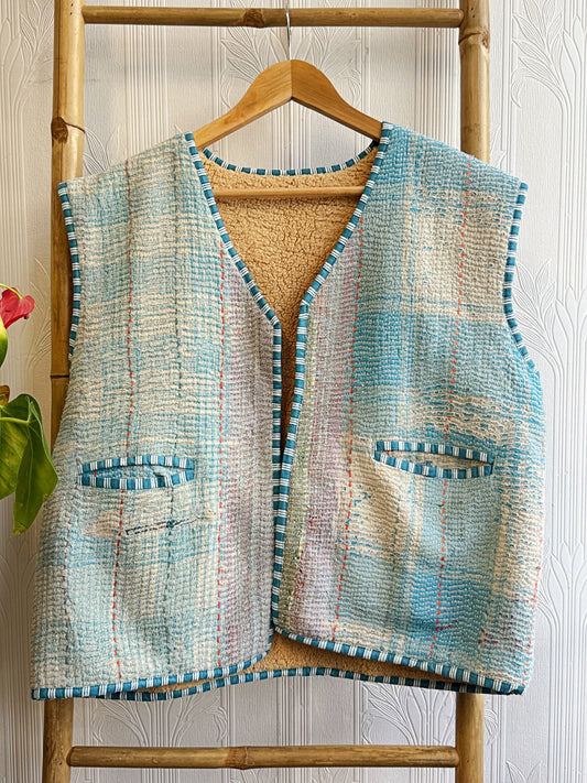 Vintage Inspired Short Jacket- Timeless Elegance with Modern Edge Sea blue with beige