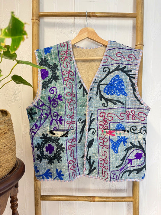 Vintage Kantha Short Open Fur Jacket – Handcrafted blue green suzani