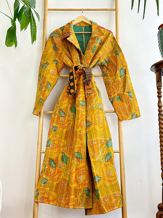Vintage Longline Jacket – Classic Silhouette with Timeless Appeal Mustard with green leaf