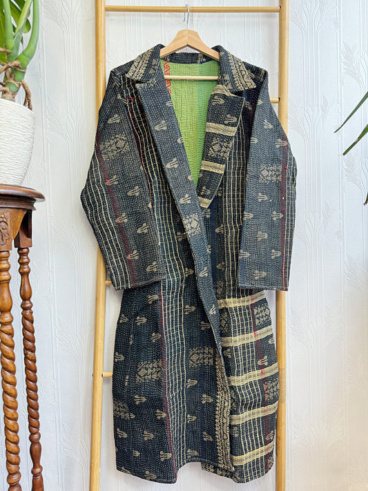 Elegant High-Quality Extra Fine Kantha Repurposed into Vintage Collared Jacket