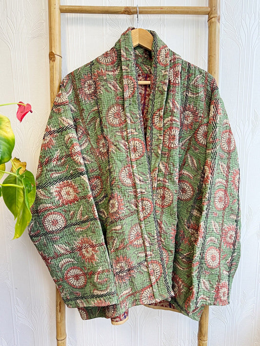 Vintage Inspired Short Jacket- Timeless Elegance with Modern Edge Dull green with red vintage print