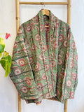 Vintage Inspired Short Jacket- Timeless Elegance with Modern Edge Dull green with red vintage print
