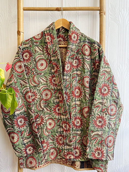 Vintage Inspired Short Jacket- Timeless Elegance with Modern Edge Green with beige red vintage
