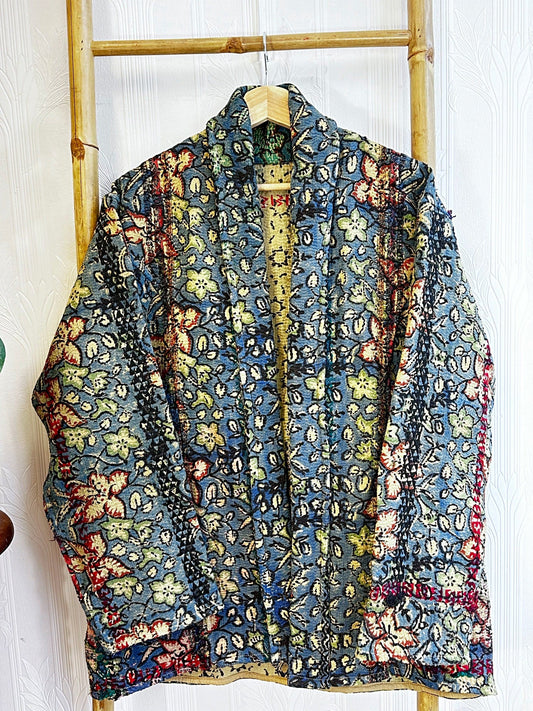 Vintage Inspired Short Jacket- Timeless Elegance with Modern Edge Vintage blue with black floral