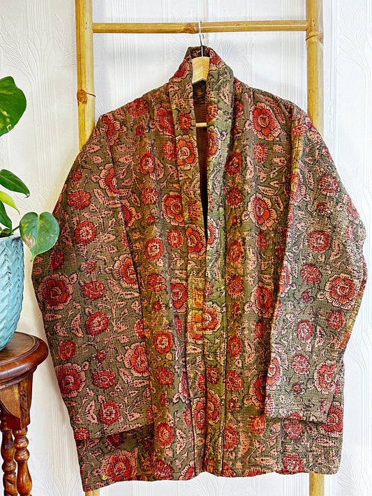 Vintage Inspired Short Jacket- Timeless Elegance with Modern Edge Dull green with red flowers