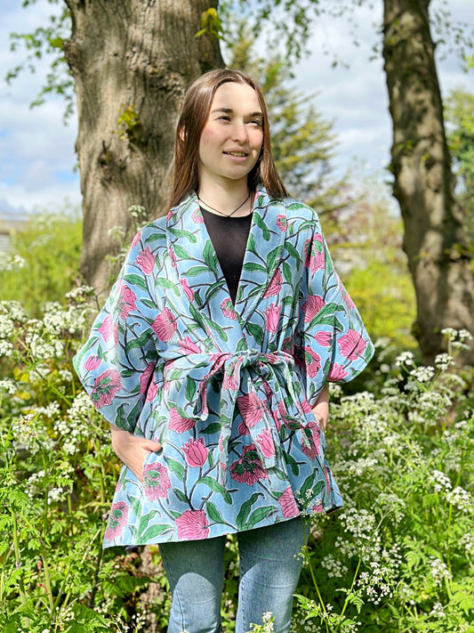Effortlessly elegant and endlessly versatile velvet with belt Blue with pink flowers