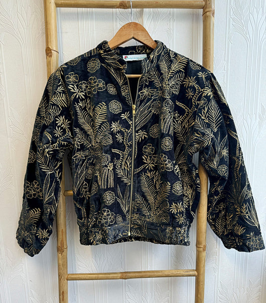 Tone-on-Tone Velvet Bomber Jacket with Zip Closure Black with golden thread