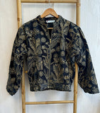 Tone-on-Tone Velvet Bomber Jacket with Zip Closure Black with golden thread