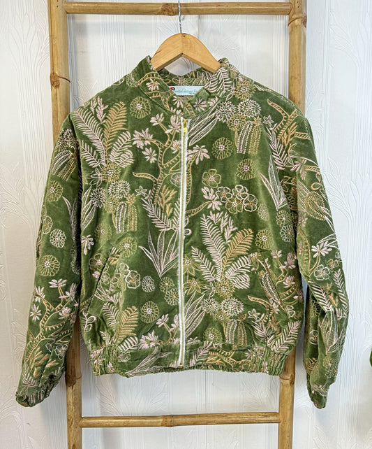 Tone-on-Tone Velvet Bomber Jacket with Zip Closure Olive green with golden thread