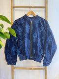Tone-on-Tone Velvet Bomber Jacket with Zip Closure Blue tone on tone