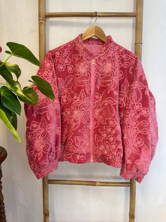 Tone-on-Tone Velvet Bomber Jacket with Zip Closure Pink tone on tone