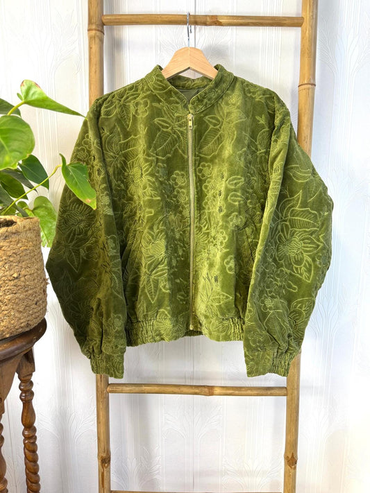 Tone-on-Tone Velvet Bomber Jacket with Zip Closure Green tone on tone