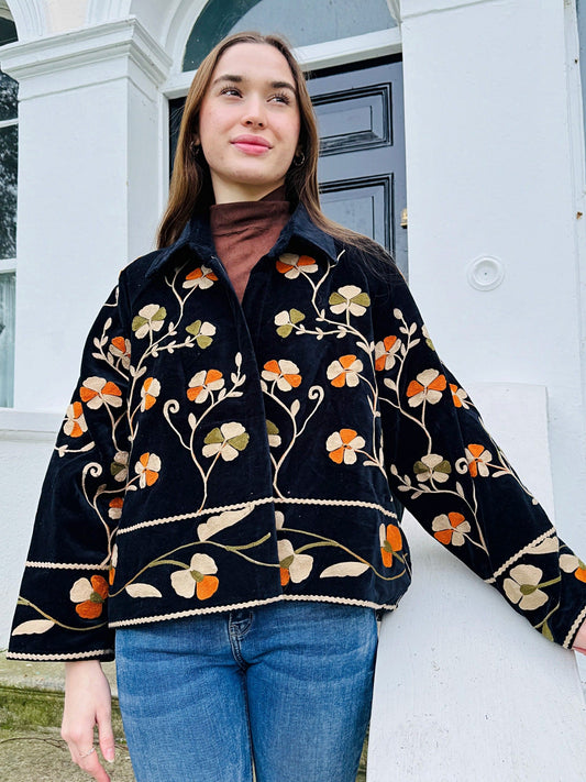 Artisan Velvet Open Jacket with Threaded Embroidery Black with wool thread