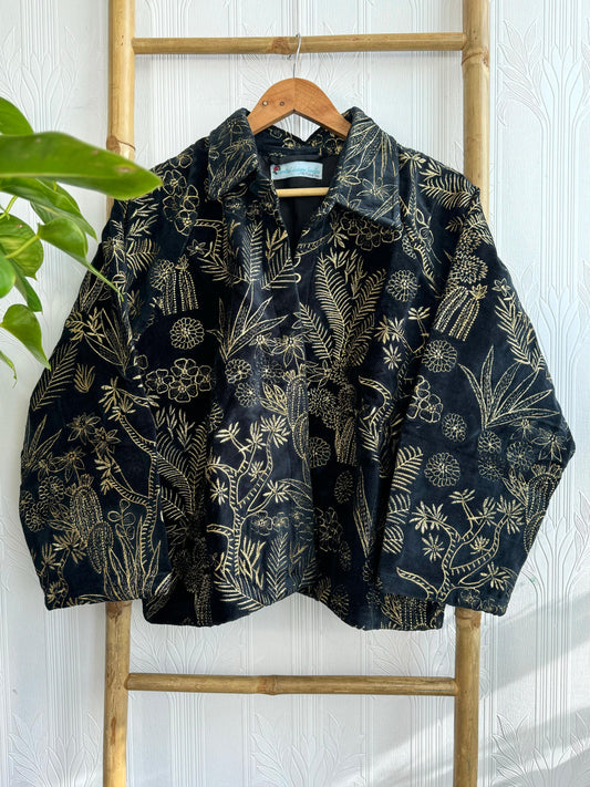 Artisan Velvet Open Jacket with Threaded Embroidery Black with golden thread