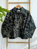 Artisan Velvet Open Jacket with Threaded Embroidery Black with golden thread