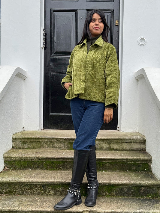 Artisan Velvet Open Jacket with Threaded Embroidery Olive Green Tone