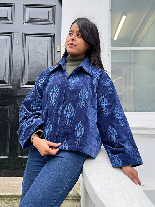 Artisan Velvet Open Jacket with Threaded Embroidery Blue Ikat Motif