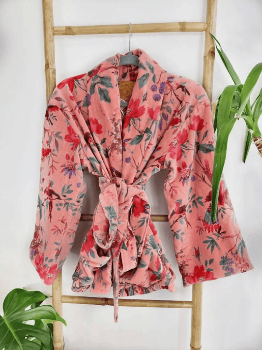 Luxury Velvet Boho Quirky Floral Silk Lined Winter Gift Quirky Soft Peach Birds Paradise Exotic Love