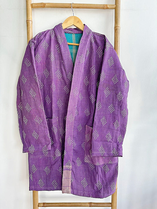 Vintage Longline Jacket – Classic Silhouette with Timeless Appeal Purple with thread beige