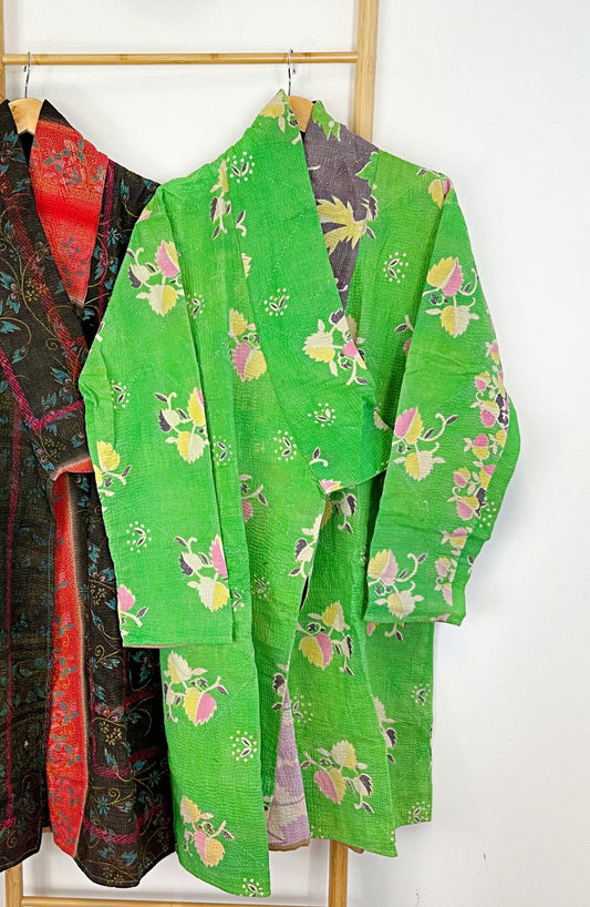 Vintage Longline Jacket – Classic Silhouette with Timeless Appeal Green with yellow pink flowers
