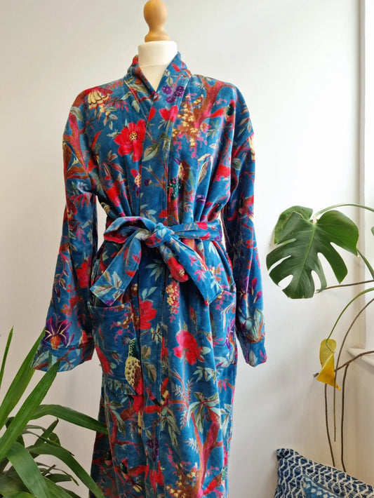 Luxury Velvet House Robe Unisex Kimono Deep Turquoise Bird