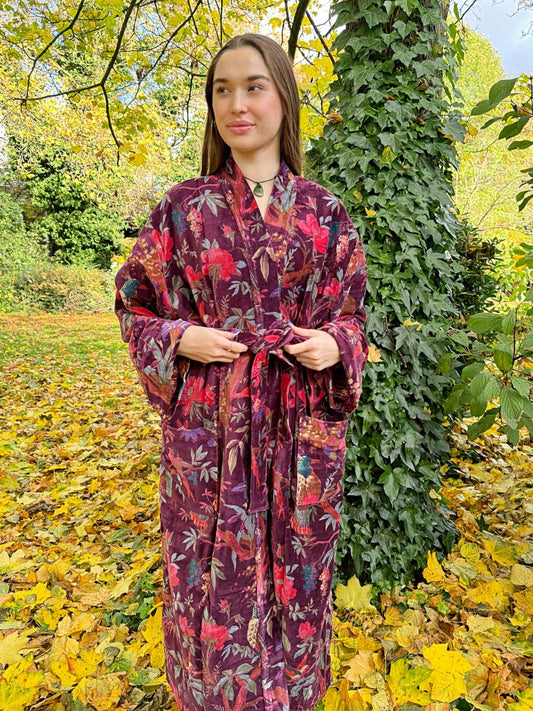 Luxury Velvet House Robe Unisex Kimono exotic Floral purple paradise