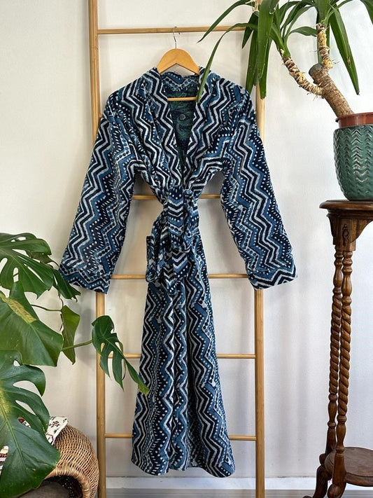 Luxury Velvet House Robe Unisex Kimono Geometric Chevron White Blue Indigo