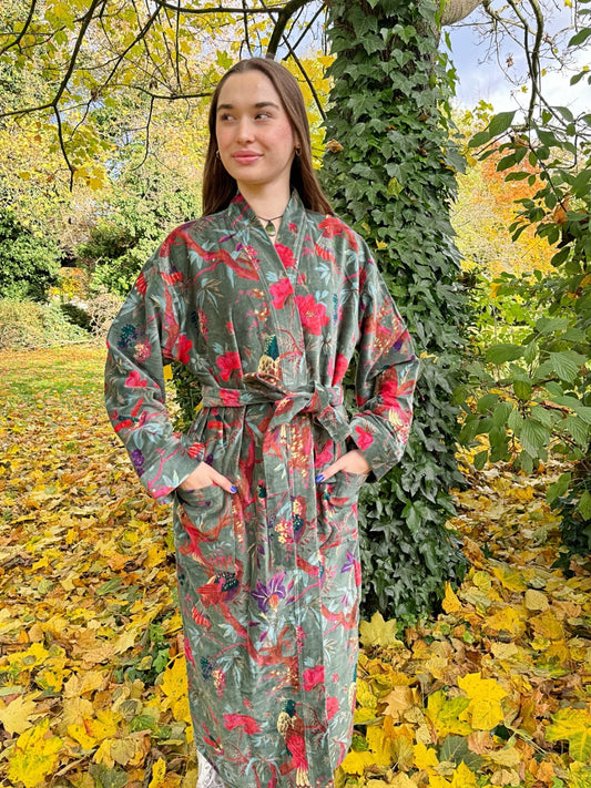 Luxury Velvet House Robe Unisex Kimono Deep Green Exotic Bird