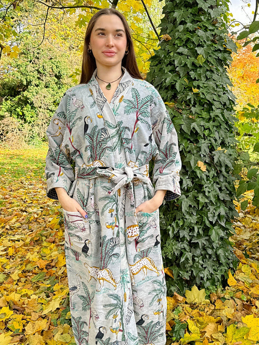 Luxury Velvet House Robe Unisex Kimono Grey Safari Cheetah Bird Jungle