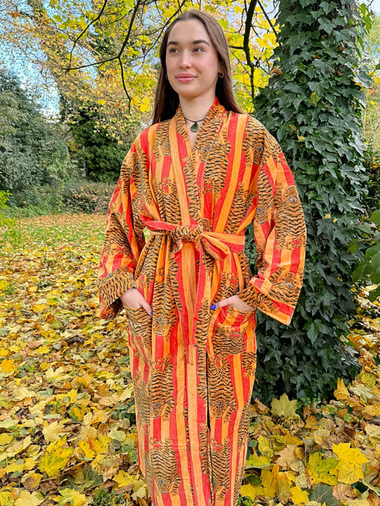 Luxury Velvet House Robe Unisex Kimono Elegant Quirky Tiger Animal, Yellow Orange