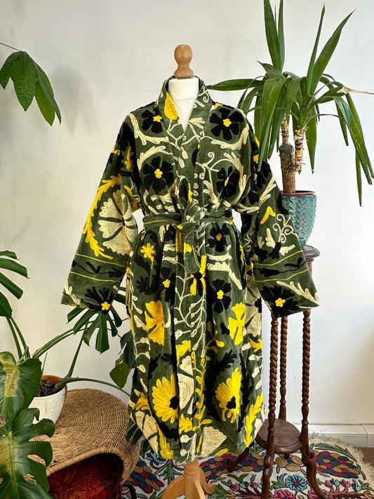 Suzani Hand velvet Silk Thread Embroidered long length Kimono Olive Green Black Yellow Cream Bloom