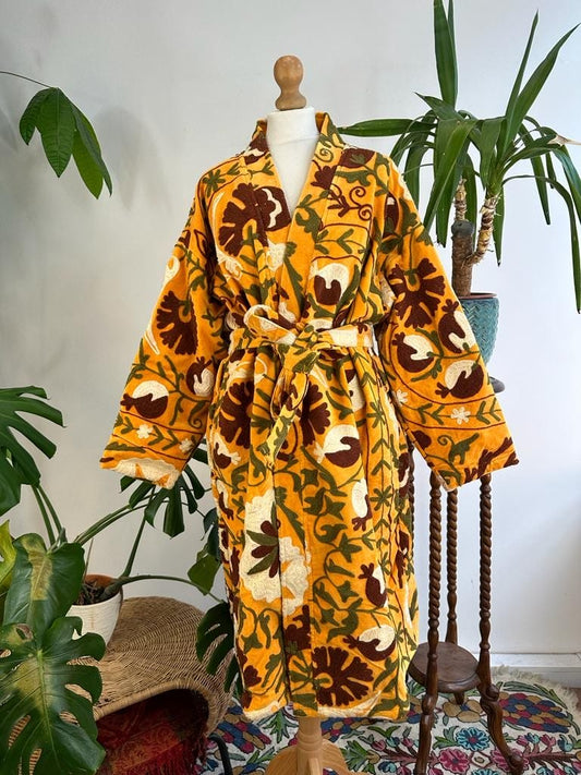 Suzani Hand velvet Silk Thread Embroidered long length Kimono Mustard Yellow Olive Rust Cream Bloom