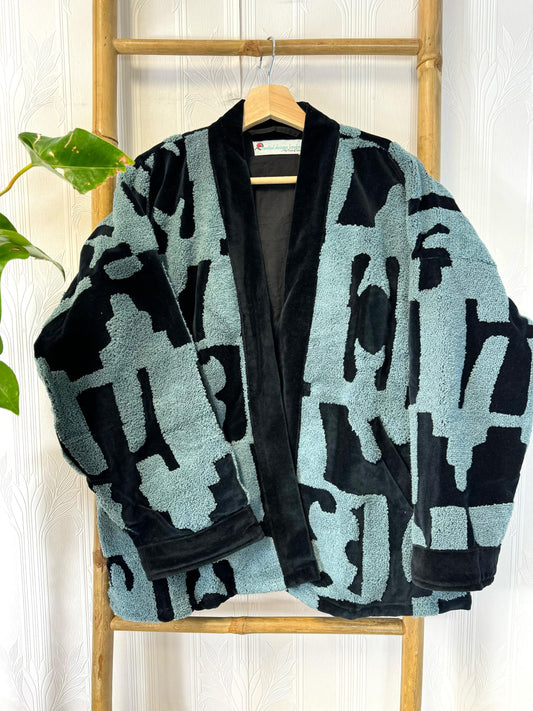 Luxurious Velvet Jacket with Intricate Towel Embroidery Black  with Grey towel effect