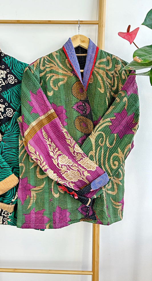 Vintage Inspired Short Jacket- Timeless Elegance with Modern Edge Green with purple beige floral