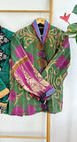 Vintage Inspired Short Jacket- Timeless Elegance with Modern Edge Green with purple beige floral