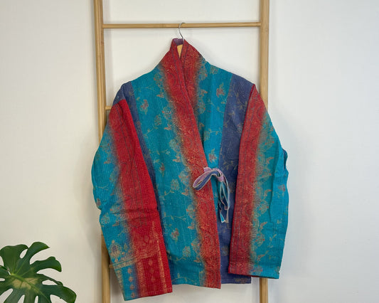 Vintage Inspired Short Jacket- Timeless Elegance with Modern Edge Blue with hot pink