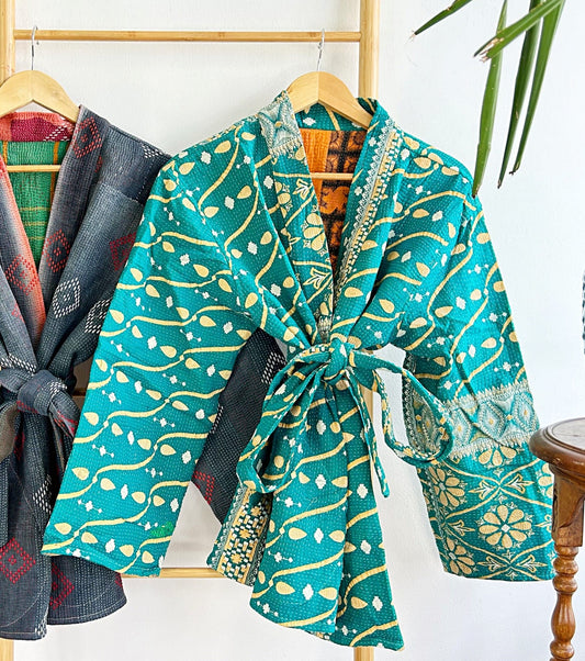 Vintage Inspired Short Jacket- Timeless Elegance with Modern Edge Green with beige motif