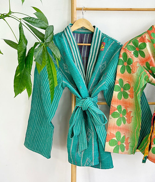 Vintage Inspired Short Jacket- Timeless Elegance with Modern Edge Green with beige stripe