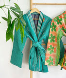 Vintage Inspired Short Jacket- Timeless Elegance with Modern Edge Green with beige stripe
