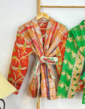 Vintage Inspired Short Jacket- Timeless Elegance with Modern Edge Orange with beige flowers and stripe