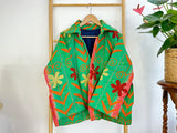 Vintage Suzani Jacket – Artisan Embroidery Meets Timeless Style Emerald Green, Red, Orange, Cream Floral Pattern