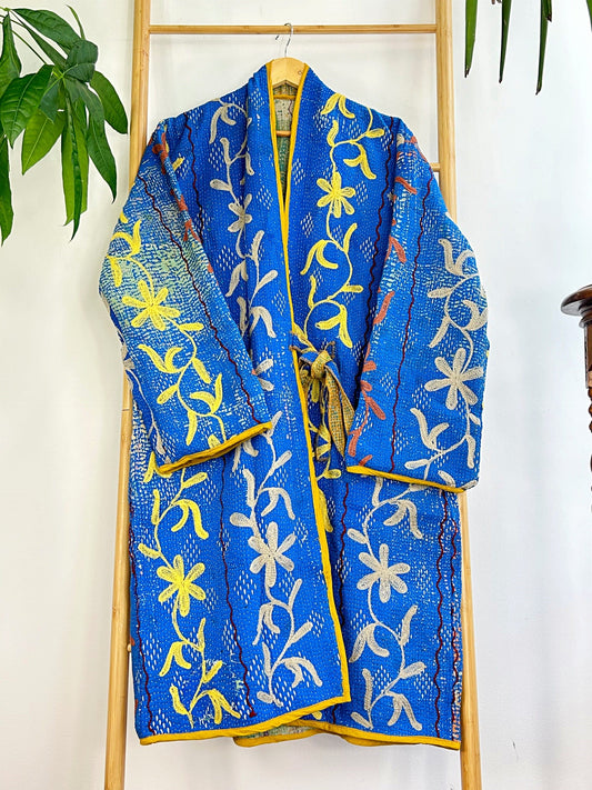 Vintage Suzani Jacket – Artisan Embroidery Meets Timeless Style BlueBerry Blue, Yellow, White, Orange acents