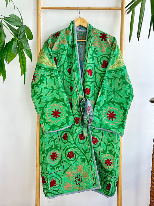Vintage Suzani Jacket – Artisan Embroidery Meets Timeless Style Mint Green, Sea Green, Turkey Red