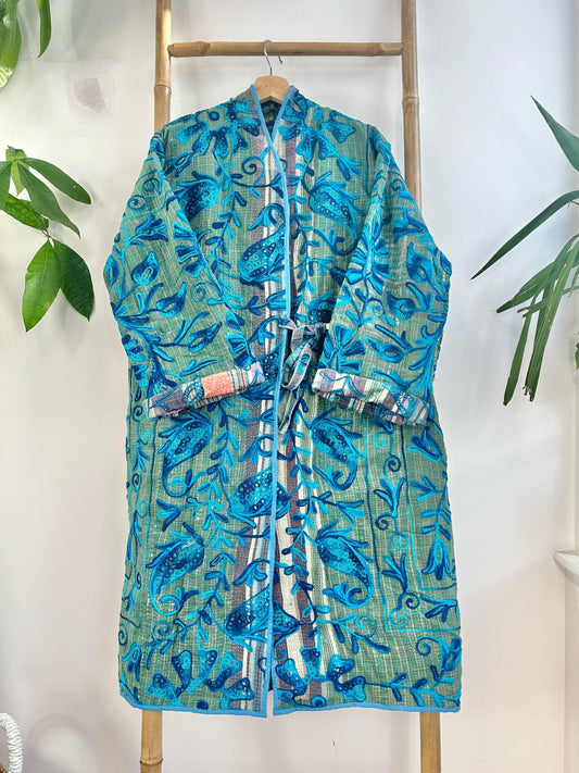 Vintage Suzani Jacket – Artisan Embroidery Meets Timeless Style Sky, Teal, Deep Sea Blue