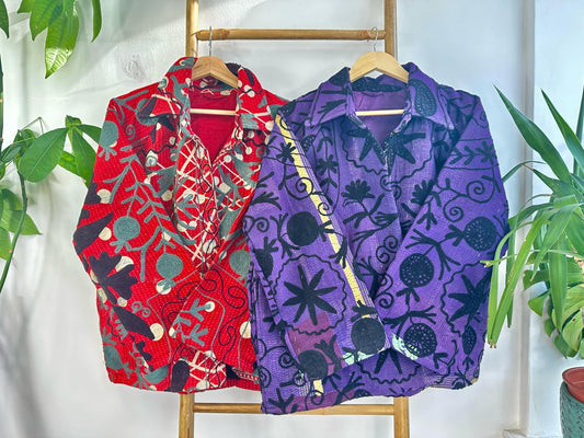Vintage Suzani Jacket – Artisan Embroidery Meets Timeless Style Vibrant Red, Navy Blue, Teal-Gery, Cream-White